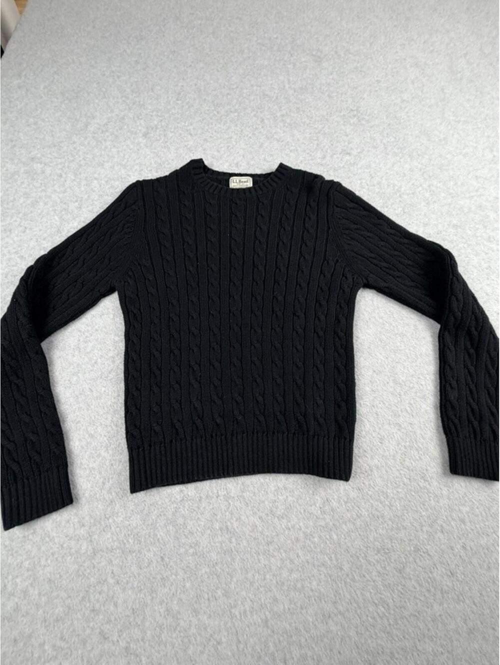 L.L.Bean‎ Womens Cable Knit Sweater Small S Regular Black Cotton Crewneck